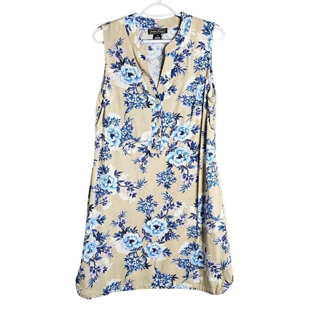 JESSICA HOWARD Linen Dress size 12 TAN BLUE FLORAL Summer Sleeveless V-Neck Cute